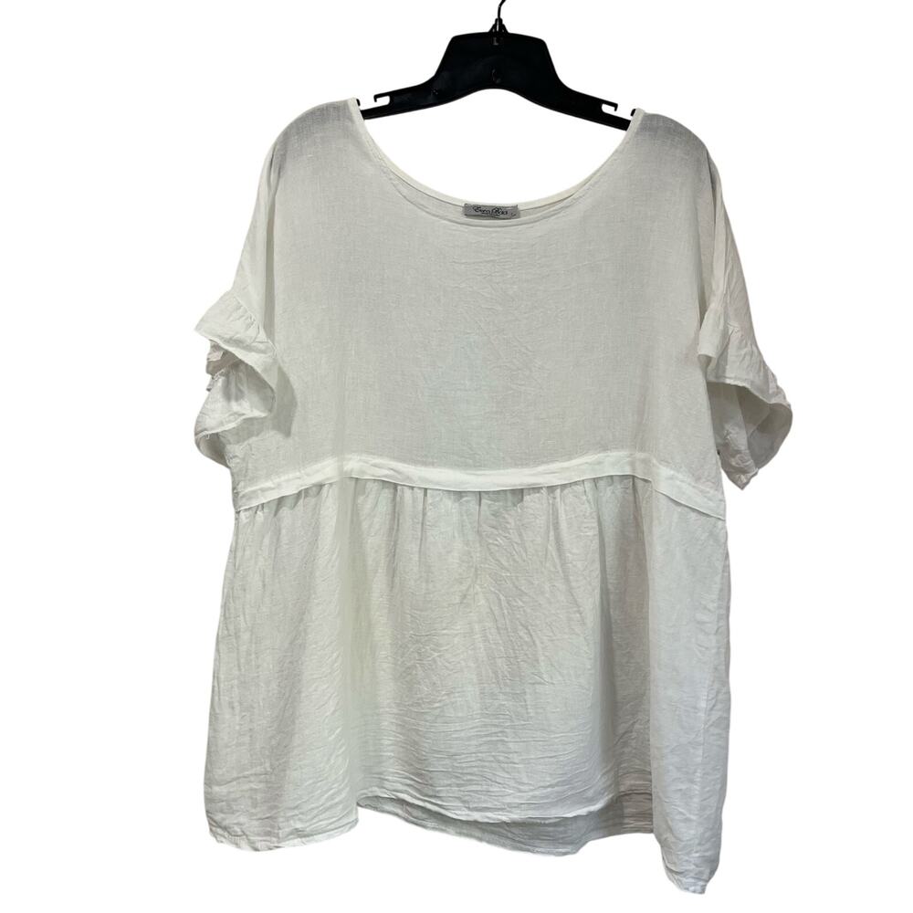 Italian Linen Short Sleeve White Top Lagenlook L